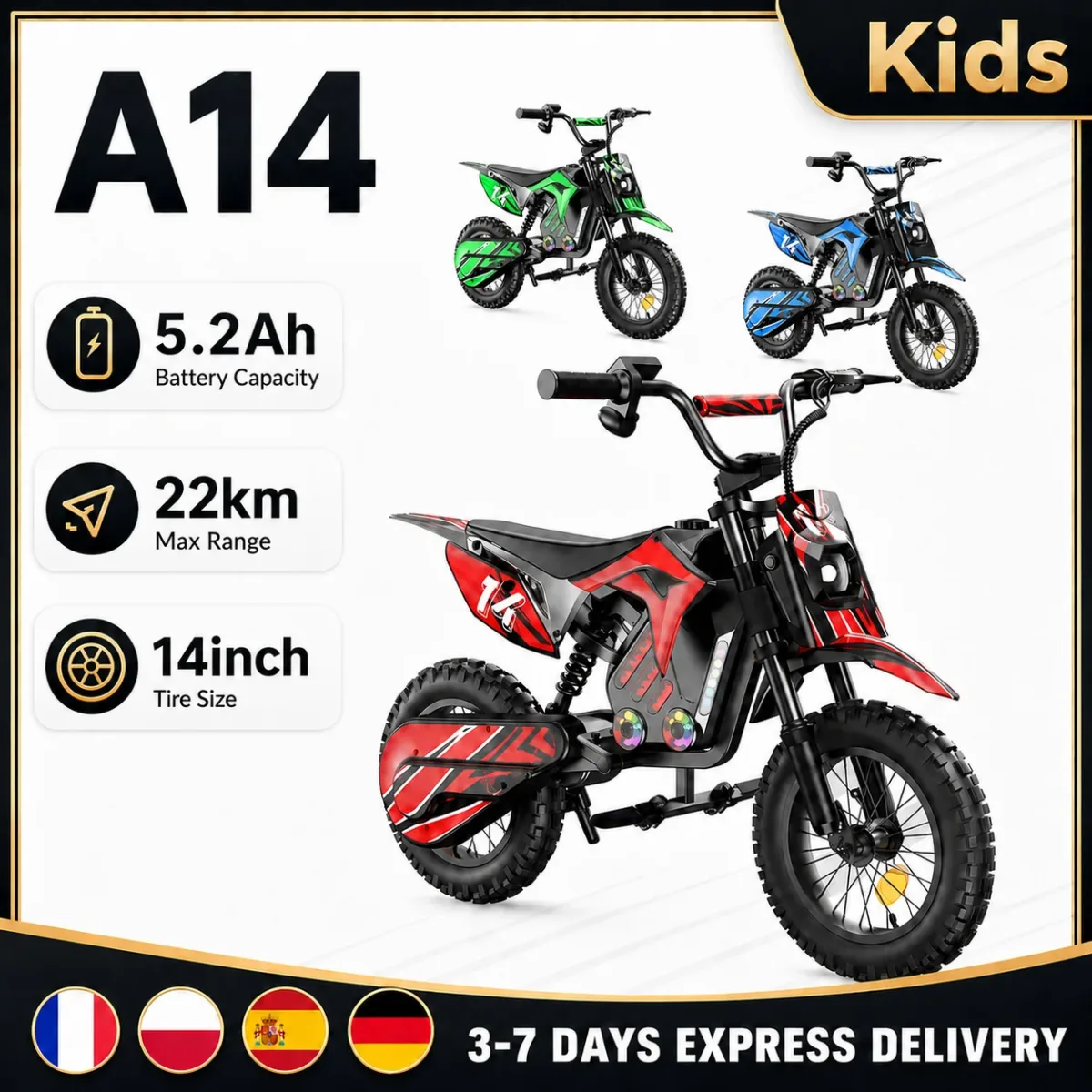 Moto électrique tout-terrain enfant rouge ou verte