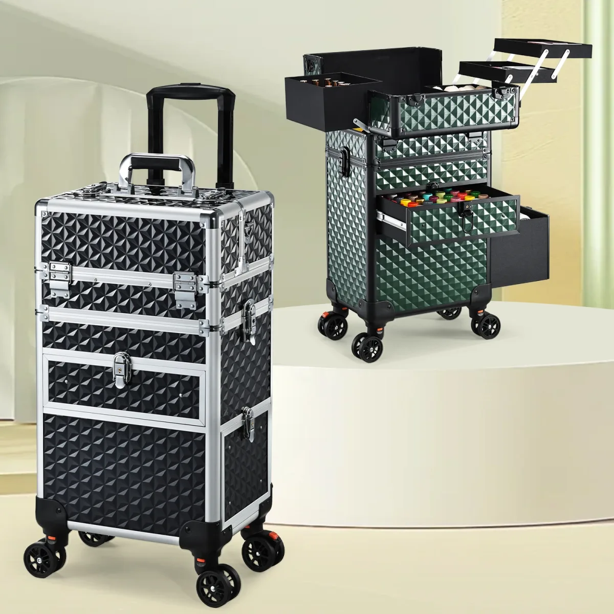 Valise de maquillage roulante à tiroirs